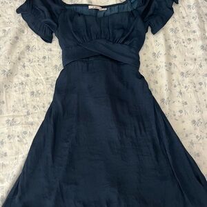 Blue Ruched Off-the-Shoulder Mini Dress